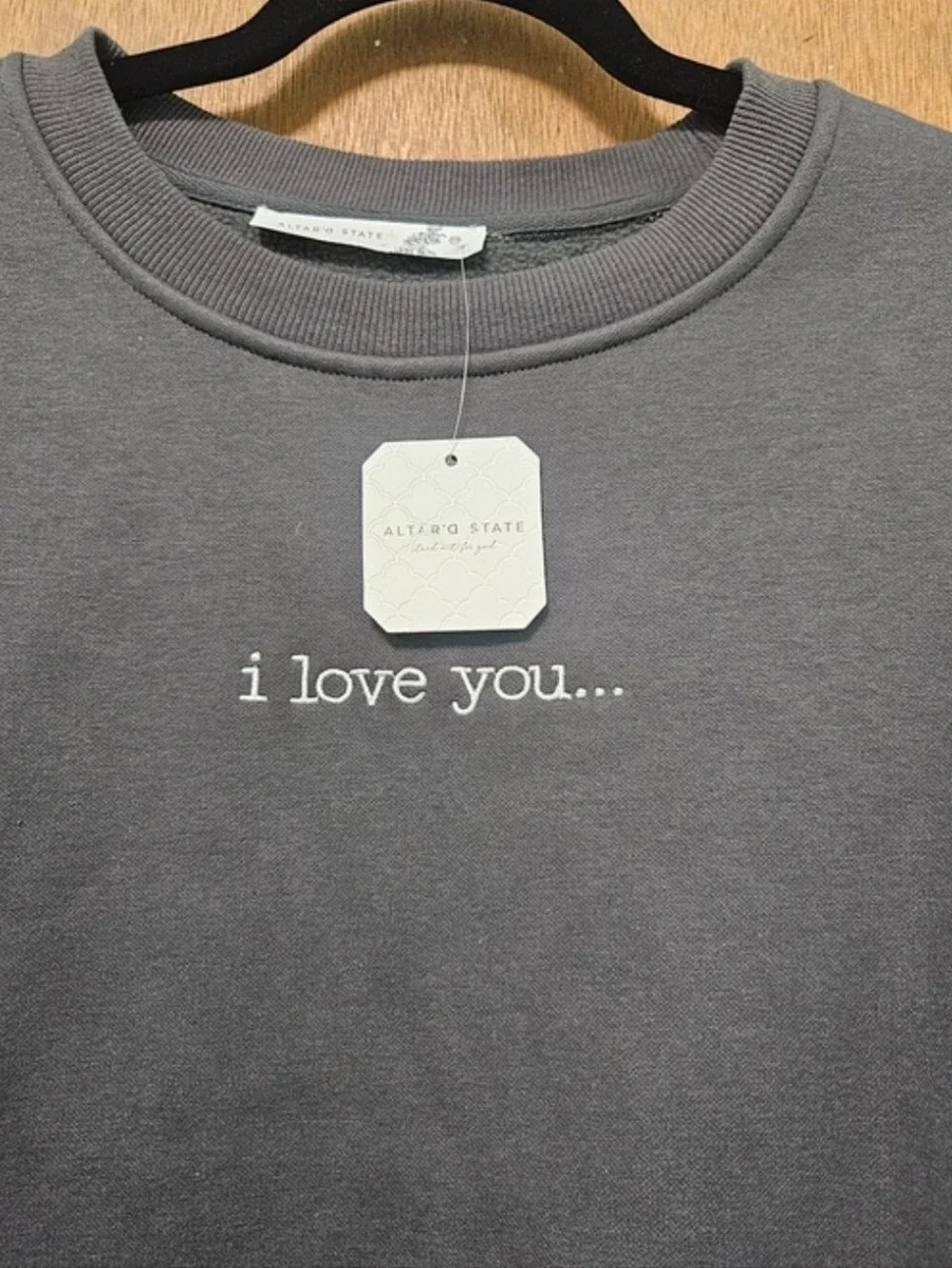 Altar'd State Taylor Swift Charcoal Gray Crewneck Sweater w/ White Embroidered - Picture 6 of 6